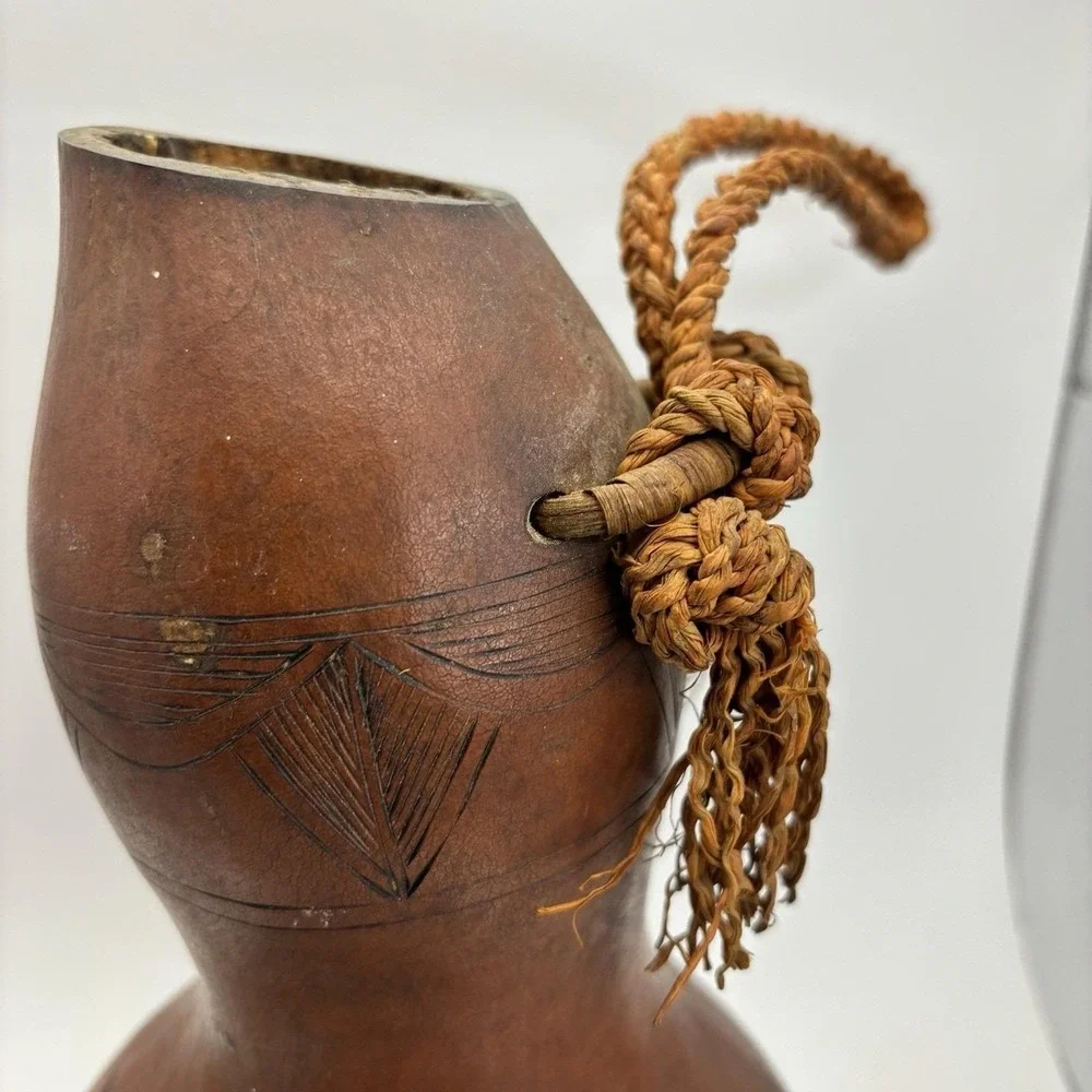 African Folk Art Carved Calabash Gourd 9x6 Drinking‎ Vessel Braided Rope Handle